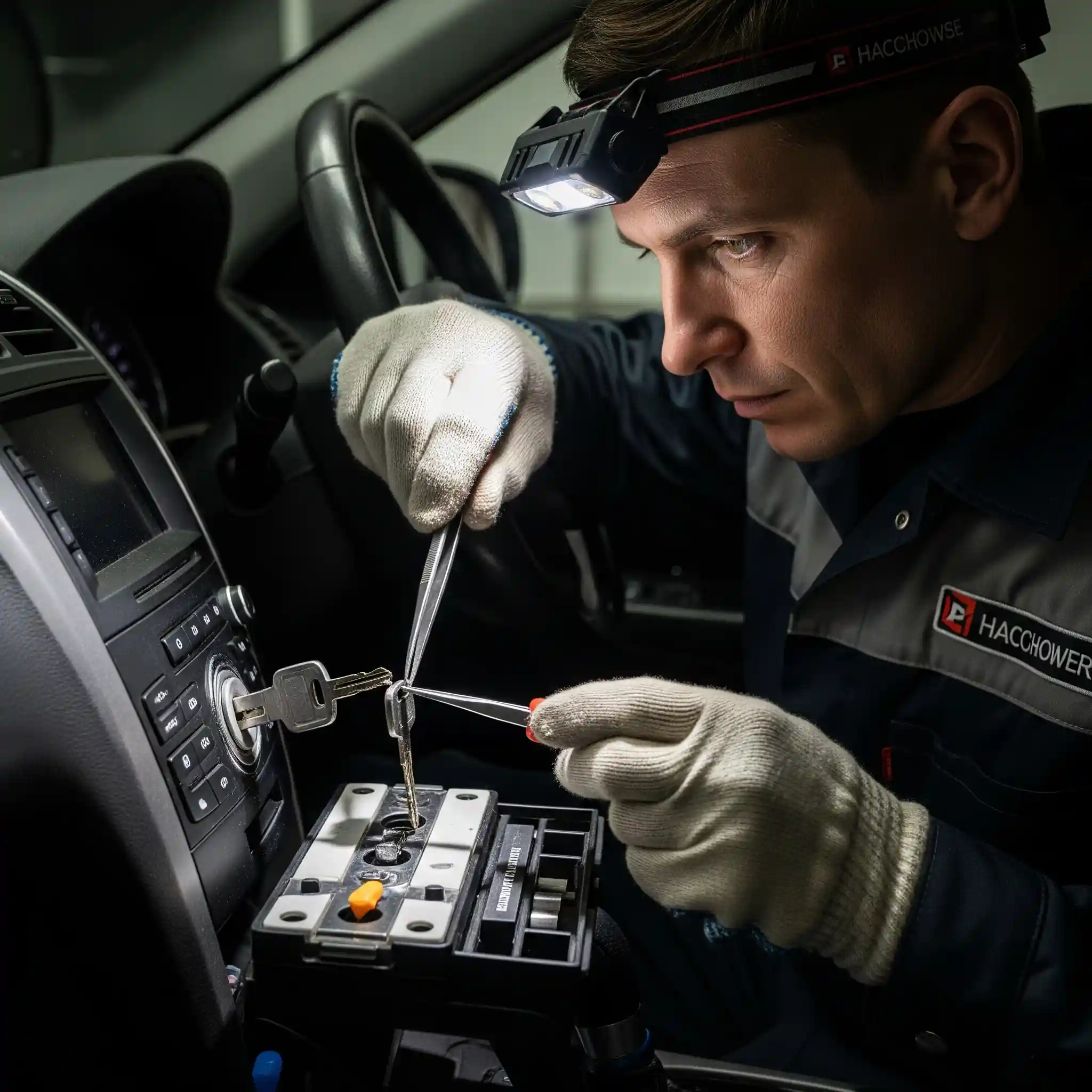 Expert locksmith extracting broken key from lock, wearing blue uniform, using pliers and tools from toolbox in workshop.