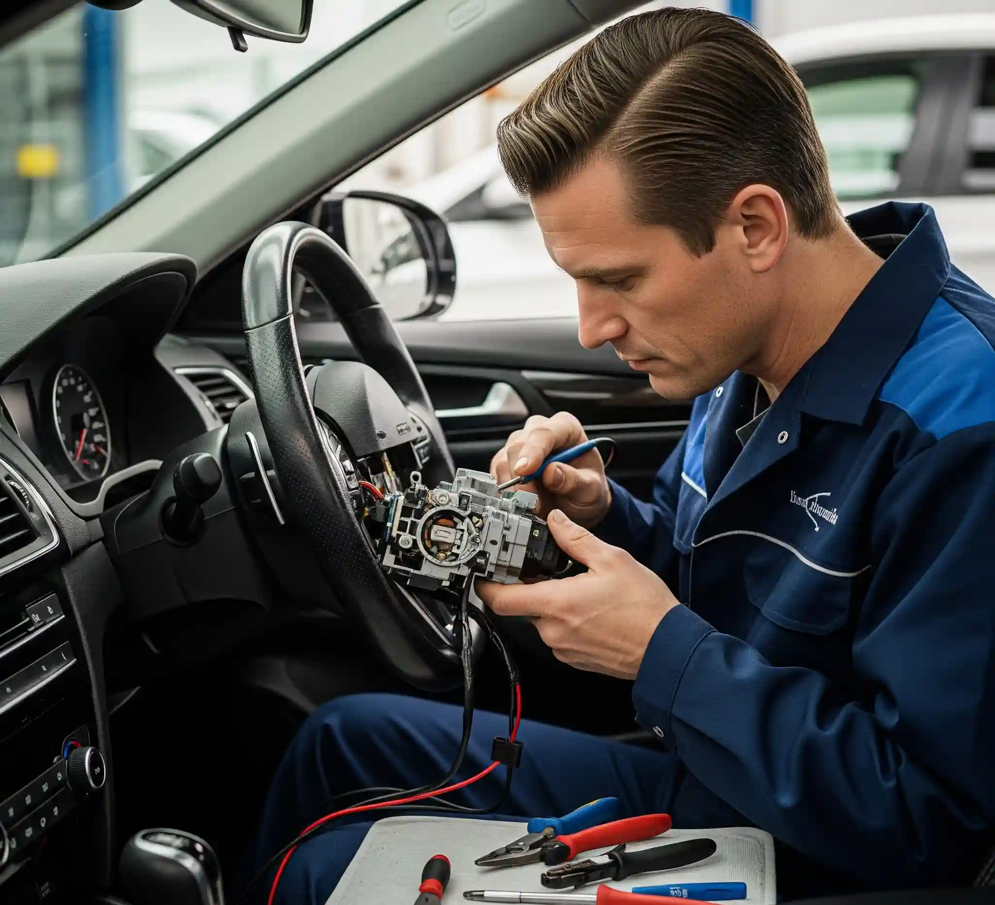 Technician performing car ignition switch repair with electronic ignition system repair using tools.