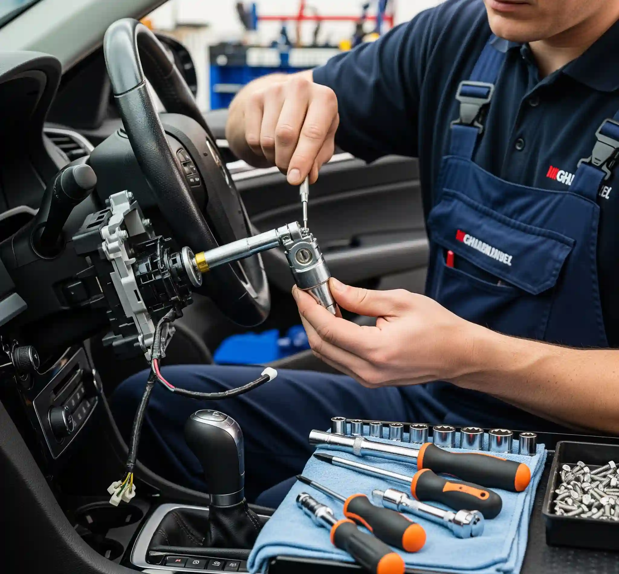 Technician performing ignition lock barrel replacement with vehicle ignition upgrade using tools.