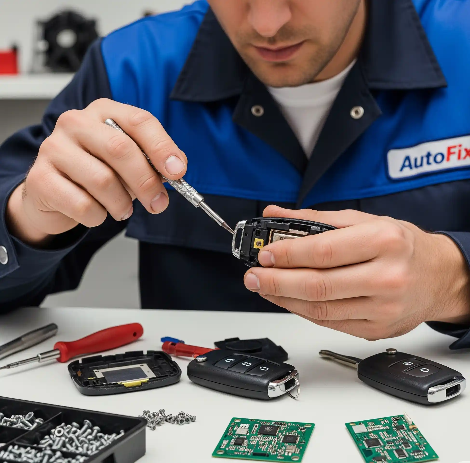 Technician replacing car key with new electronic key fob at auto shop.