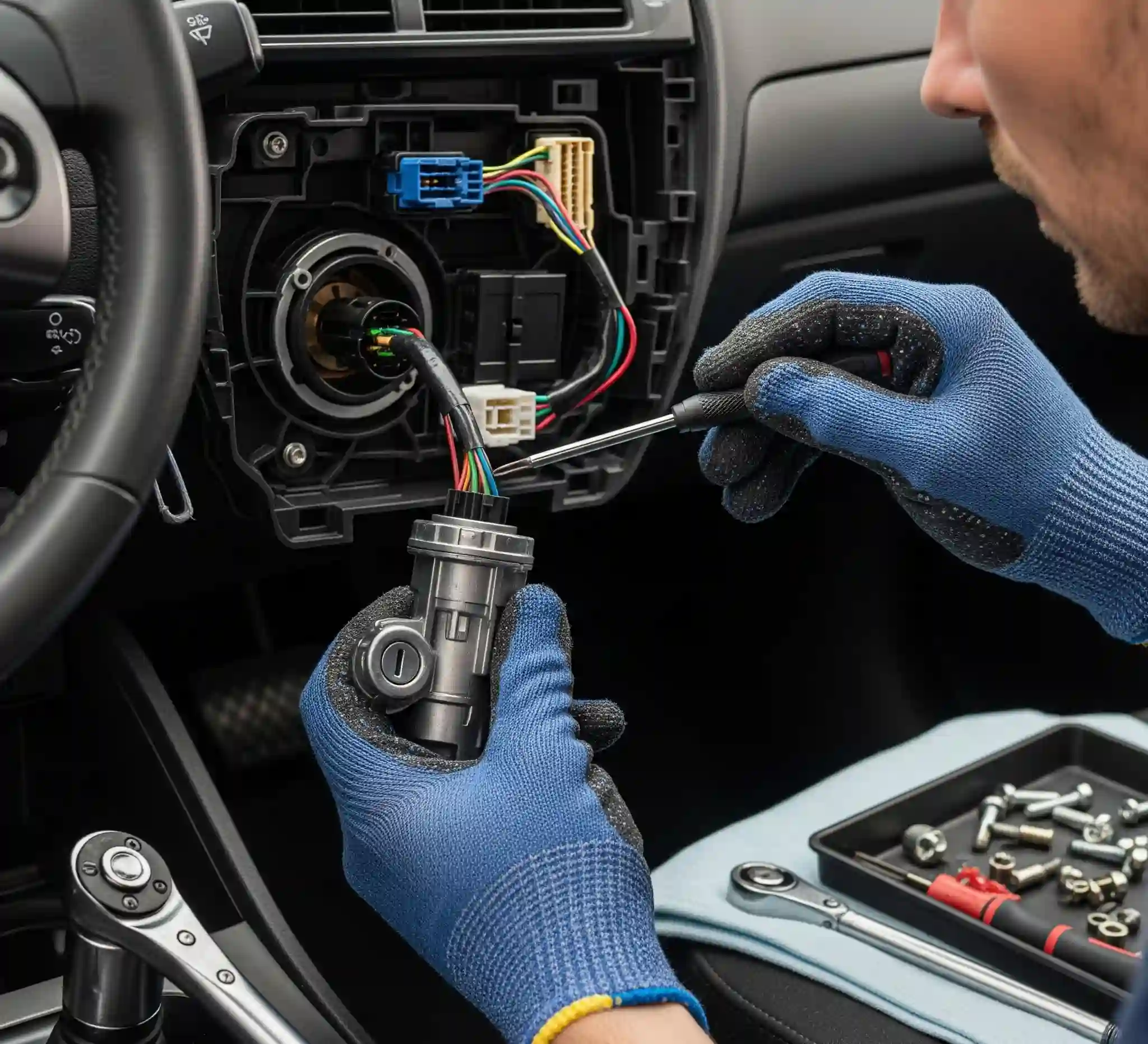 Technician is focused on replacing the ignition in a car's dashboard, surrounded by tools and parts.